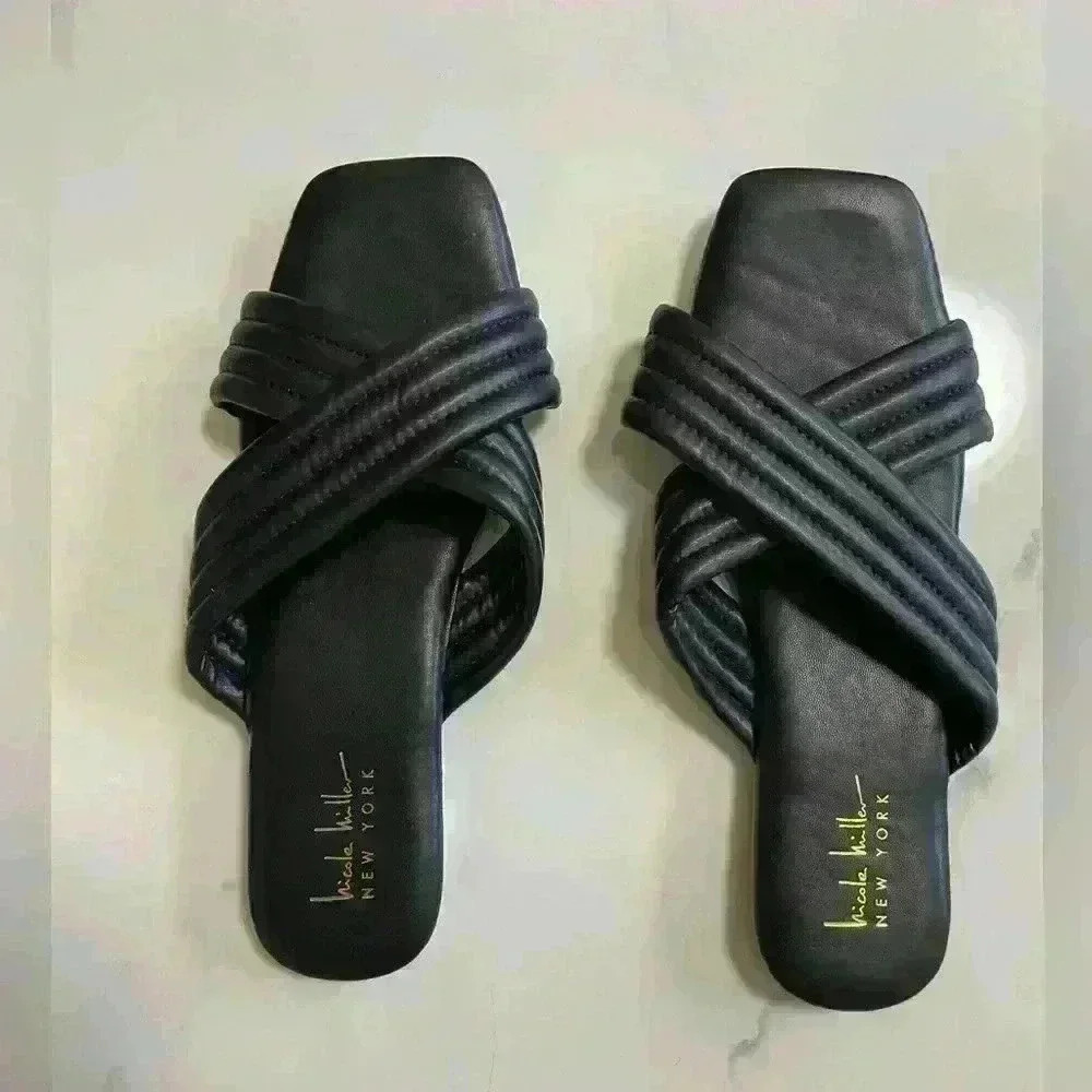 NICOLE MILLER Womens CROSS STRAP SANDAL SLIDE FLAT Black Size 8.5